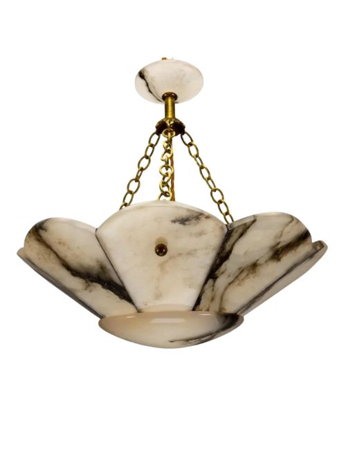 French Art Deco Alabaster and Brass Pendant Light With Segmented Shade, 1920s