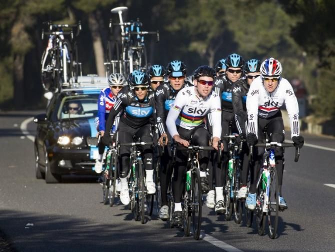 World Champion Mark Cavendish and Bradley Wiggins lead the way during Sky's training camp in Mallorca