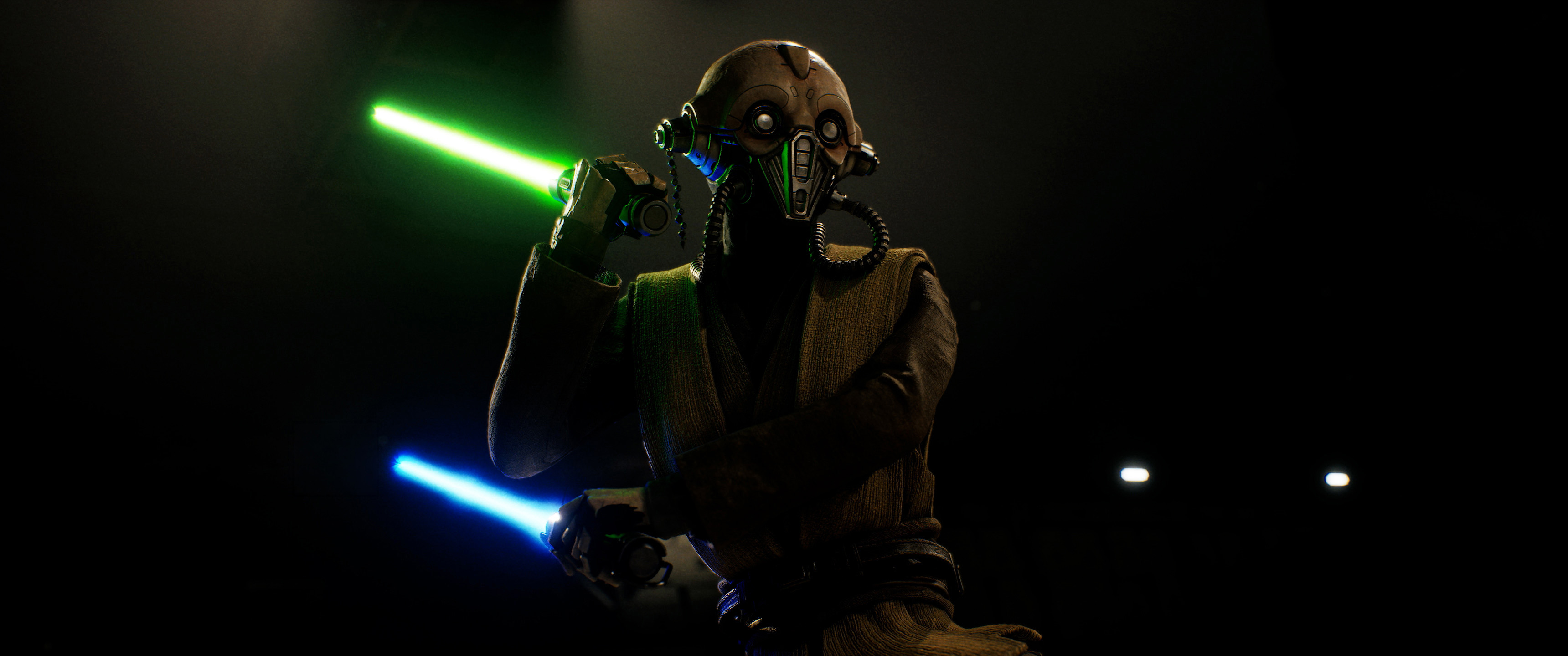 Zero Company Jedi character dual wielding a blue and green lightsaber.