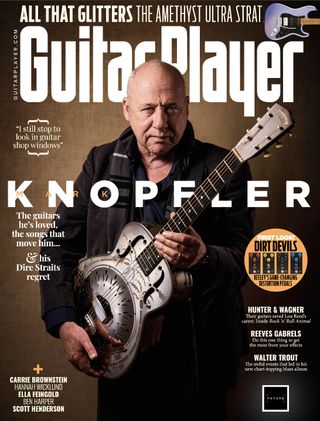 Mark Knopfler, pictured on the cover of the June 2024 issue of Guitar Player