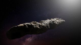 'Oumuamua artist's illustration showing an elongated space rock against a backdrop of stars.