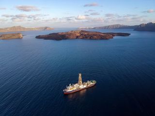 An aerial view of a ship in the sea