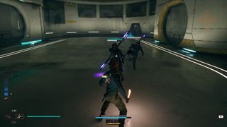 Star Wars Jedi Survivor Koboh walkthrough alignment control center Cal fighting Purge Troopers in a large, empty room within the control center