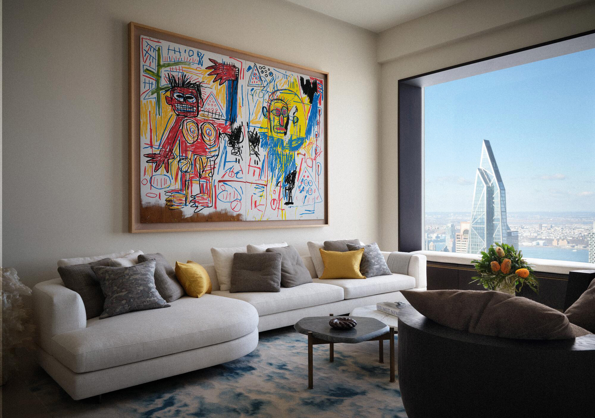 A painting by Jean-Michel Basquiat hangs in an apartment on the 65th floor of New York’s 432 Park Avenue building