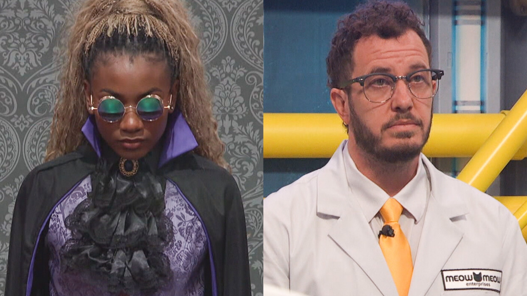 Rick Devens and Taylor Brown split image in different competitions. Taylor is dressed like a vampire in black and with green glasses. Devens is wearing a lab coat and yellow tie.
