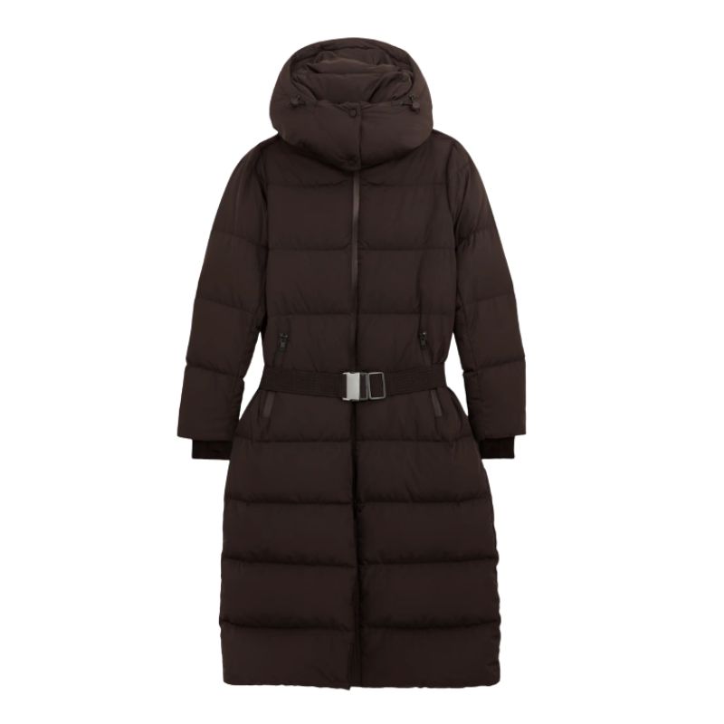 A cutout of a brown belted puffer coat by Reiss
