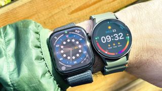 Close-up of the Apple Watch Series 10 next to the Samsung Galaxy Watch 7