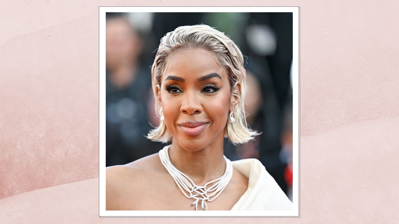 Kelly Rowland is pictured with a platinum Bell-bottom bob whilst attending the &quot;Le Comte De Monte-Cristo&quot; Red Carpet at the 77th annual Cannes Film Festival at Palais des Festivals on May 22, 2024 in Cannes, France/ in a pink watercolour paint-style template