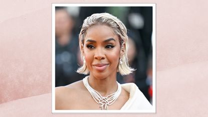 Kelly Rowland is pictured with a platinum Bell-bottom bob whilst attending the "Le Comte De Monte-Cristo" Red Carpet at the 77th annual Cannes Film Festival at Palais des Festivals on May 22, 2024 in Cannes, France/ in a pink watercolour paint-style template