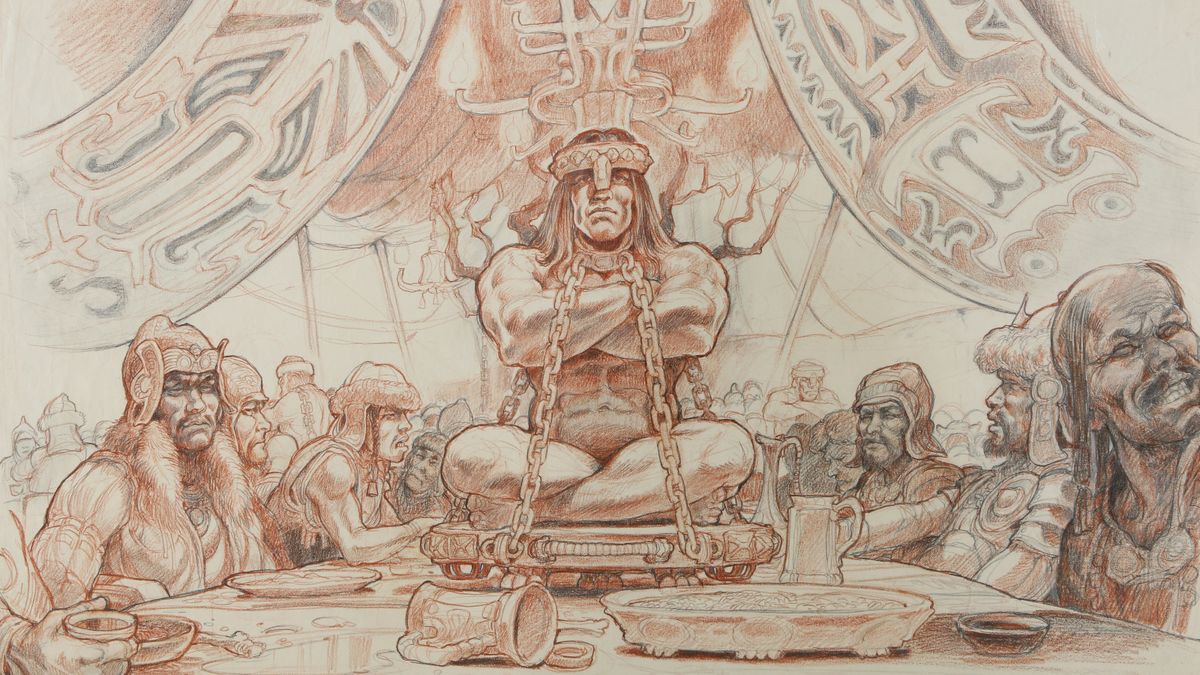 Concept art of a shackled Conan sitting cross-legged on a table. 