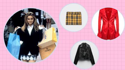 Cher Horowitz&#039;s outfits: A still of Alicia Silverstone carrying shopping bags as Cher in Clueless/ alongside products from ZARA, Mango and Elsie &amp; Fred / in a pink template