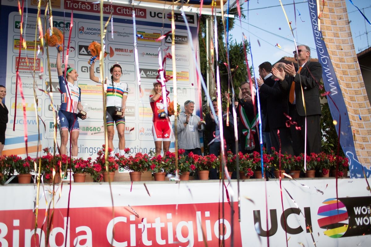 Megan Guarnier, Lizzie Armitstead (both Boels-Dolmans Cycling Team) and Jolanda Neff (Servetto-Footon) celebrate on the top of the podium of the Trofeo Alfredo Binda