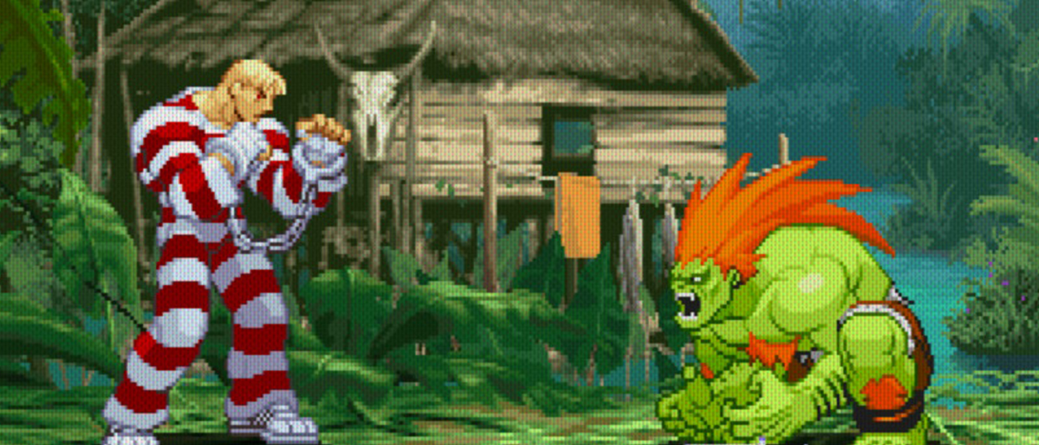 Capcom Fighting Collection 2 review; a man in prison clothes fights a bright green monster in a jungle