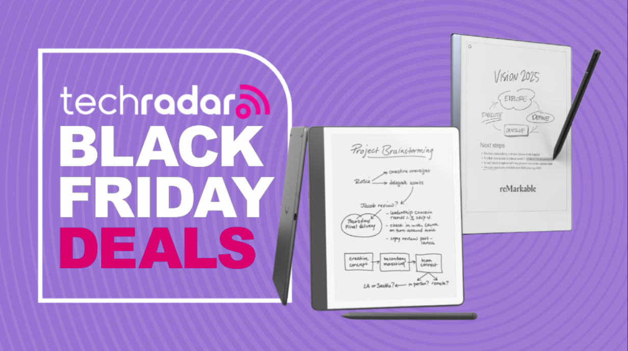 An Amazon Kindle Scribe and Remarkable 2 e-ink tablet on a purple background with a radar effect next to a TechRadar badge reading 'Black Friday deals'