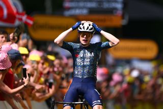 LELIORAN FRANCE JULY 10 Jonas Vingegaard Hansen of Denmark and Team Visma Lease a Bike celebrates at finish line as stage winner during the 111th Tour de France 2024 Stage 11 a 211km stage from EvauxlesBains to Le Lioran 1239m UCIWT on July 10 2024 in Le Lioran France Photo by Dario BelingheriGetty Images