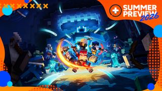 Minecraft Dungeons 2 key art showing four heroes against a dungeon exterior, ready for combat