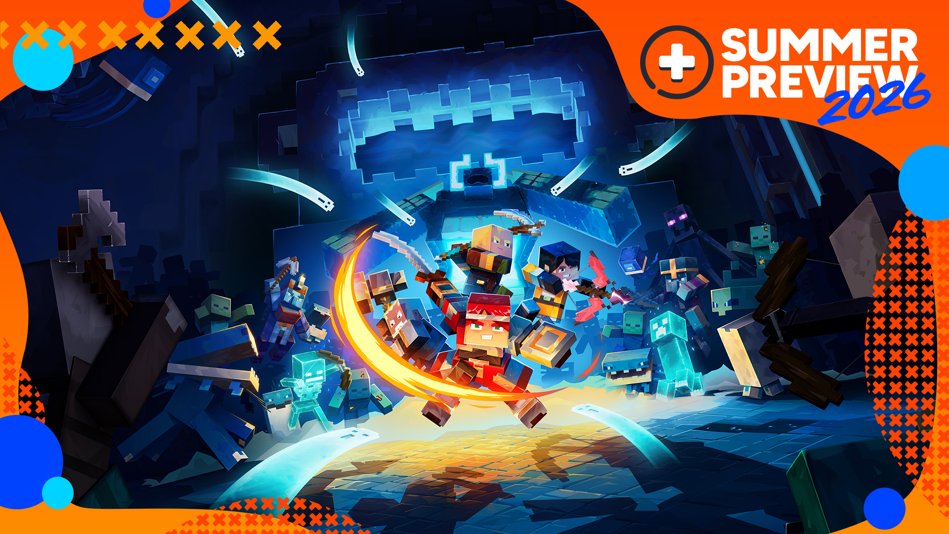 Minecraft Dungeons 2 key art showing four heroes against a dungeon exterior, ready for combat