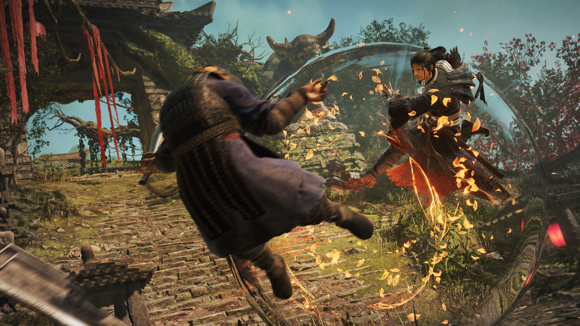 Kicking an enemy from behind in the air in Wo Long 2: Wings of Ember, sending ripples through the air