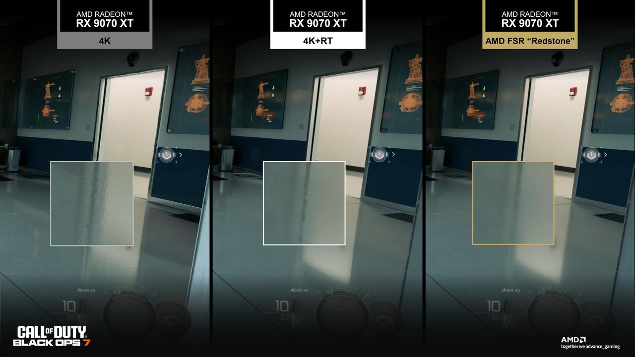 A presentation slide from AMD's FSR Redstone Press Deck, as issued December 2025