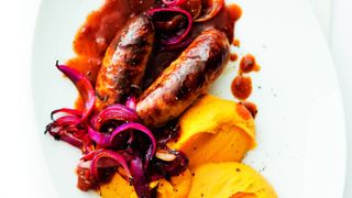 Sausages with sweet potato squash mash