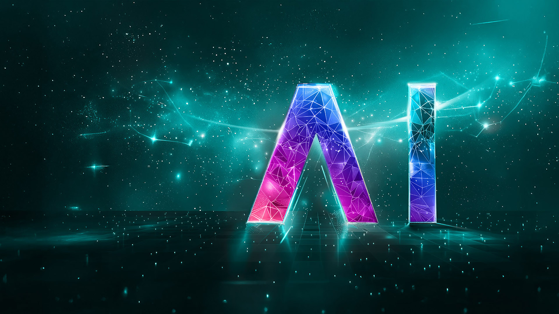 The letters AI in purple and blue over a green, sparkly background