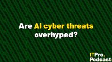 The text "Are AI cyber threats overhyped?" against a stylized background of green dots representing code on a dark background. The words "AI cyber threats" are in yellow, the rest are in white. In the bottom-right corner, the ITPro Podcast logo is shown.
