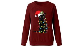 best christmas jumpers illustrated by a dark red sweatshirt featuring a cat covered in Christmas lights