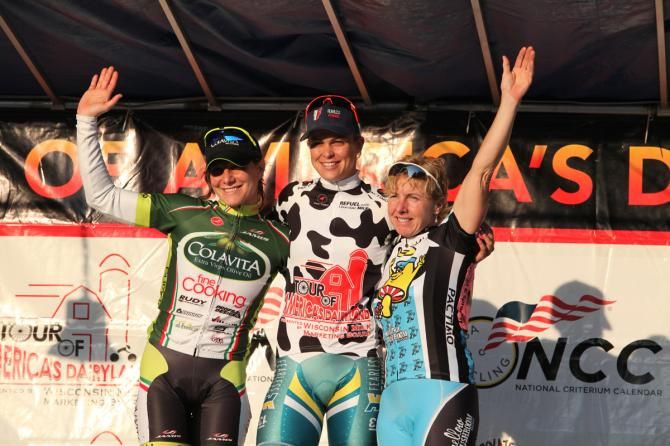 Kimberley Wells (Fearless Femme p/b Pure Energy Cycling) in the Tour of America's Dairyland leader's jersey after winning the opening race