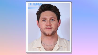 Niall Horan wears a cream jacket as he attends the Capital Summertime Ball 2023 at Wembley Stadium on June 11, 2023 in London, England/ in a blue, orange and pink gradient template