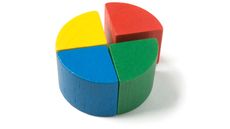 Circle made of four wooden blocks in yellow, blue, green and red representing quarters