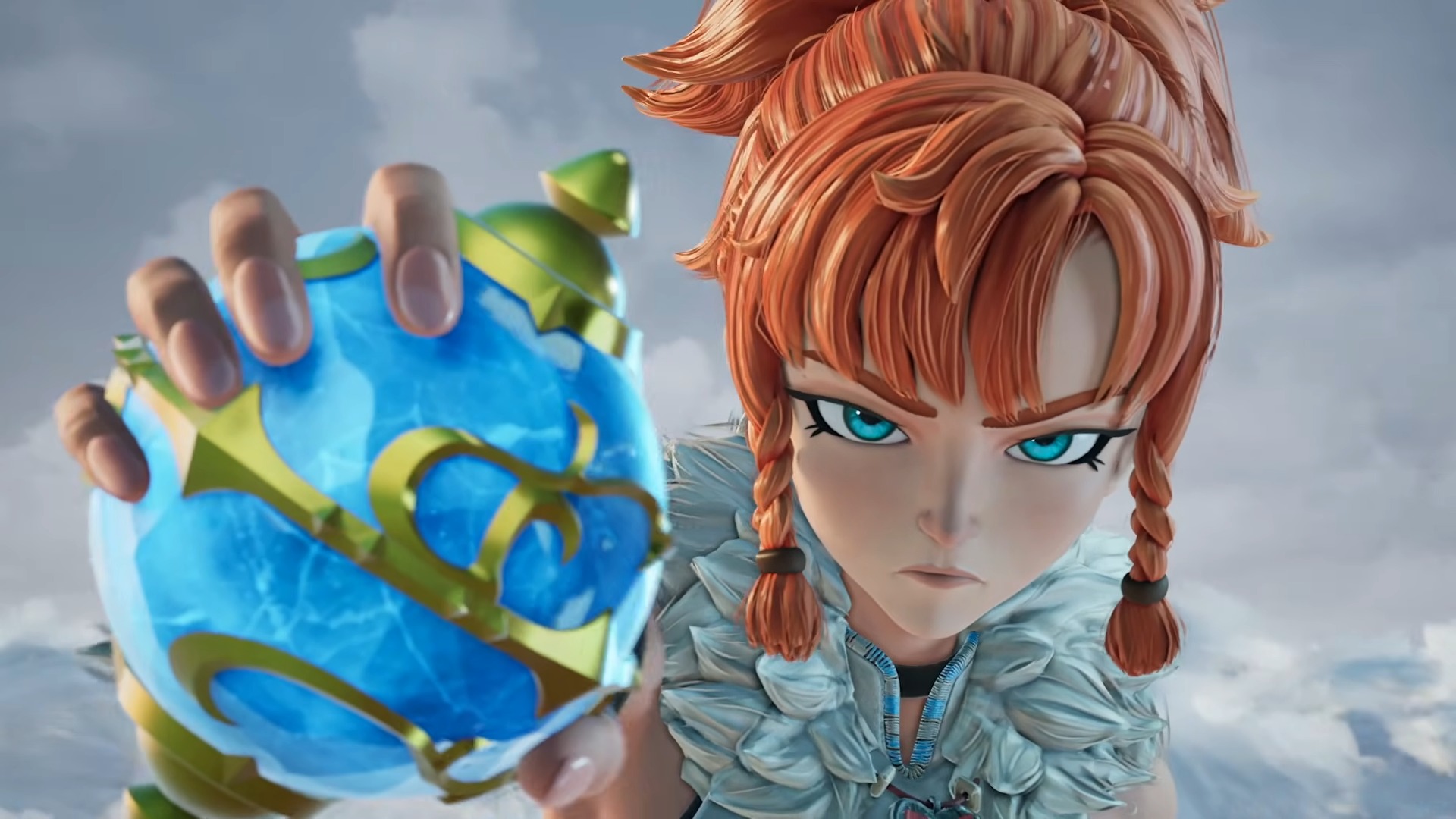 A determined animated character with red hair and braids holds a glowing blue orb. The background is a snowy landscape