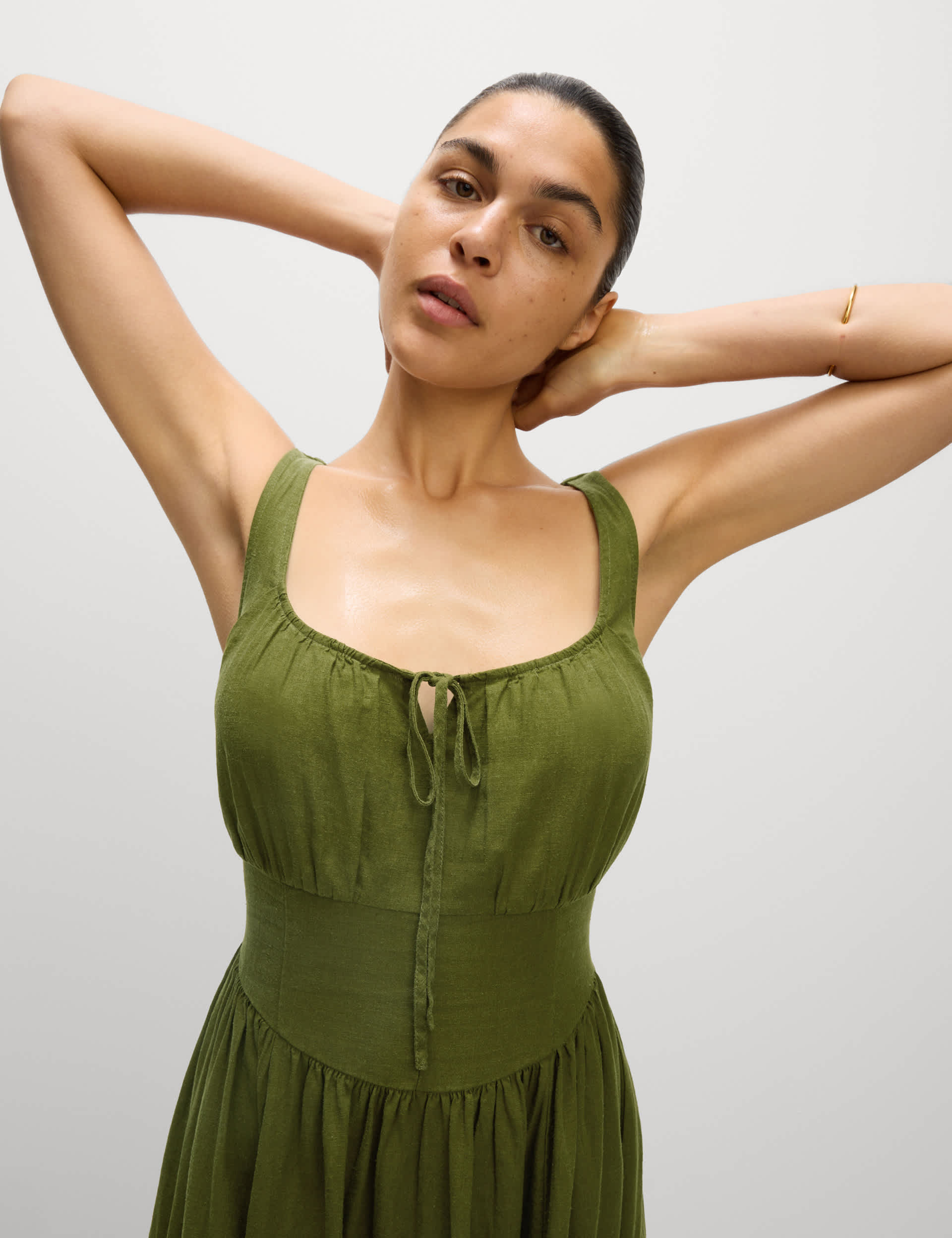 Linen Rich Round Neck Strappy Midi Swing Dress