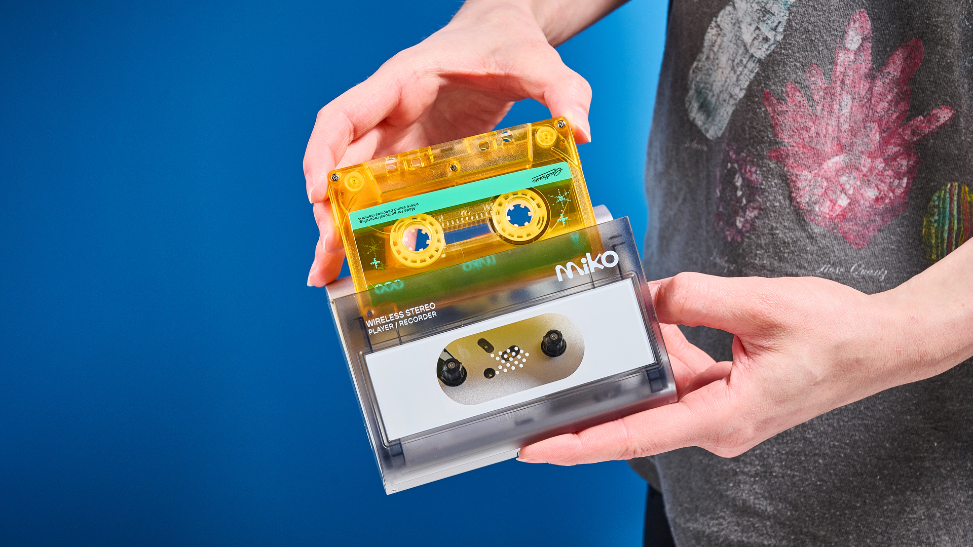 Gadhouse MIKO retro style cassette player photographed in front of a blue background.