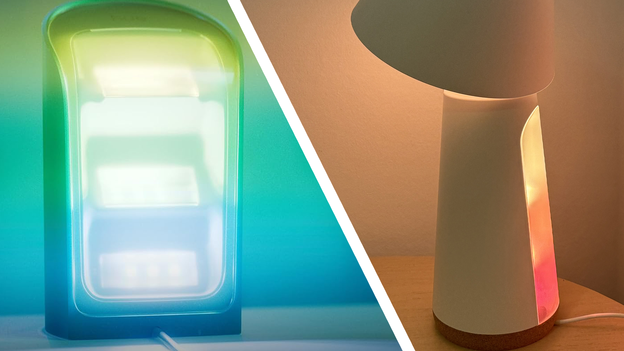 Split image showing gradient lights on Philips Hue Play Smart Wall Washer and Philips Hue Twilight lamps