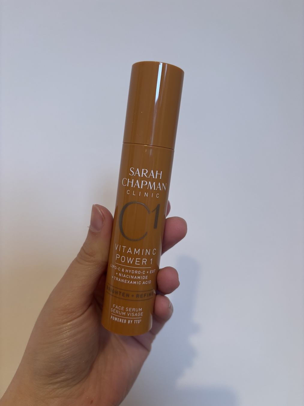 Mica Ricketts holding Sarah Chapman C1 Vitamin C Power Serum