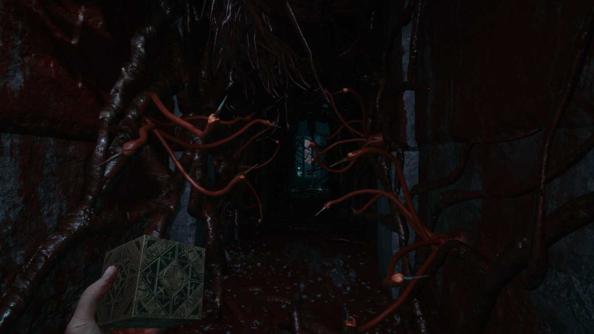 A screenshot of the Hellraiser 2 blade tentacles easter egg in Hellraiser: Revival
