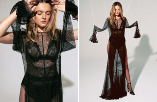 Charlotte Lawrence stands behind hanging black lace dress.