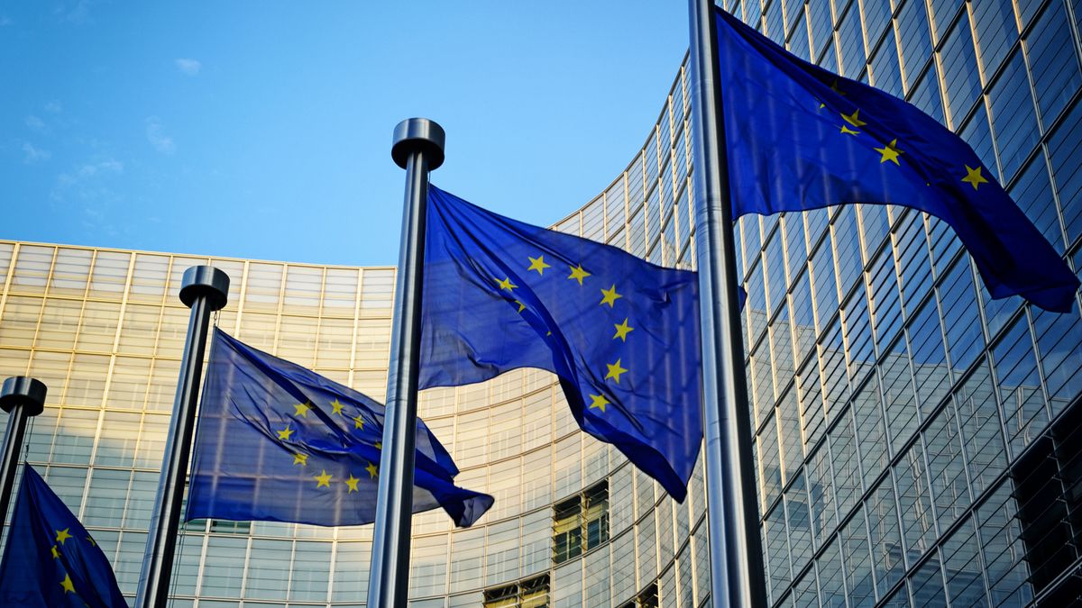 Several EU flags being flown outside a glass building and against a backdrop of blue sky