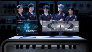 T1 League of Legends Team: ‘Effort’ Sangho Lee, ‘Teddy’ Jinsung Park, ‘Faker’ Sanghyeok Lee, ‘Canna’ Changdong Kim, ‘Cuzz’ Uchan Mun with Samsung Odyssey Monitors