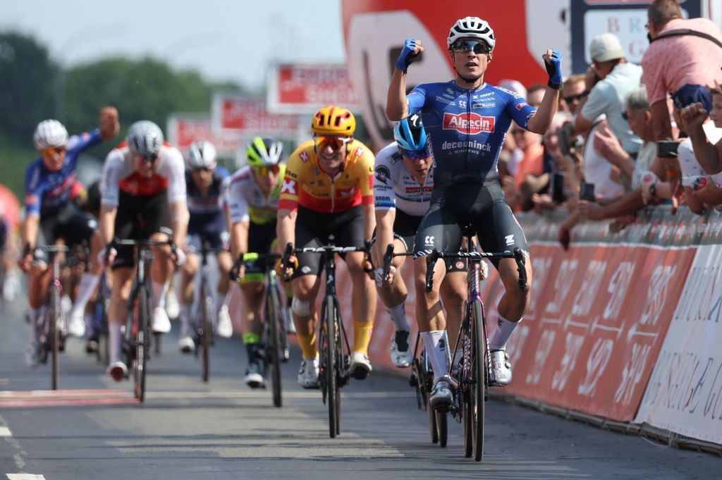 Belgian Jasper Philipsen of AlpecinDeceuninck celebrates as he crosses the finish lmine to win the Elfstedenronde one day cycling race race 8 out of 10 of the Lotto Cycling Cup 1903km with start and finish in Brugge Sunday 11 June 2023 BELGA PHOTO DAVID PINTENS Photo by DAVID PINTENS BELGA MAG Belga via AFP Photo by DAVID PINTENSBELGA MAGAFP via Getty Images