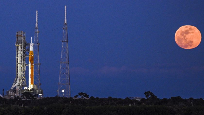 A photo of Artemis II's Space Launch System (SLS) rocket and Orion spacecraft on Launch Pad 39B at the Kennedy Space Center in Cape Canaveral, Florida. 