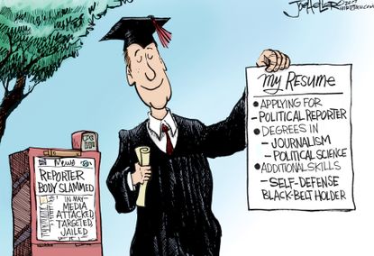 Political cartoon U.S. College graduation Media journalism Montana Gianforte body slam