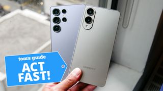 Samsung Galaxy S25 Ultra and S25 Edge in-hand with 'Act Fast!' badge overlaid