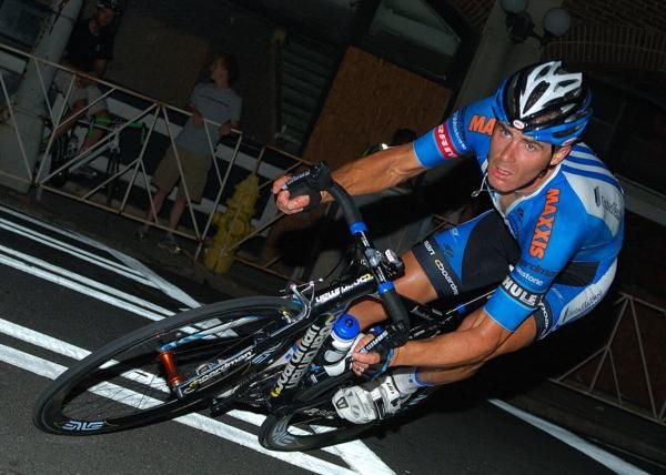 Andrew Pinfold (UnitedHealthcare Professional Cycling Team) cornering in the 2011 Charlotte Presbyterian Crit.