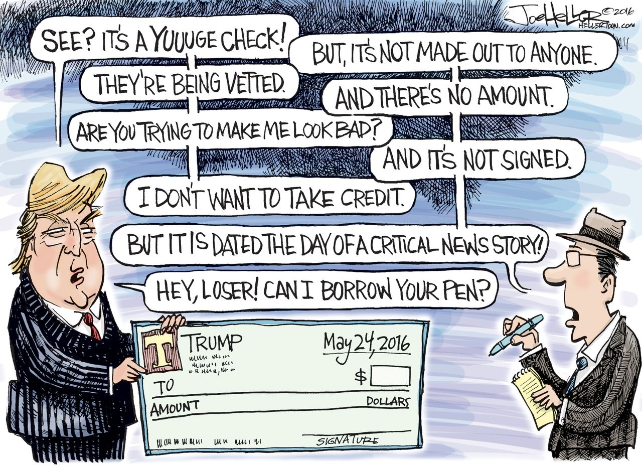 Political Cartoon U.S. Donald Trump Donations 2016