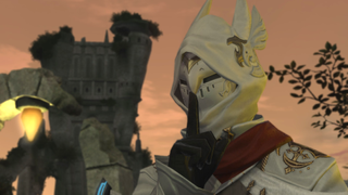 An image of a helmeted FF14 character bringing their index to their lips, as if to shush someone, amongst the locale of Bronze Lake.