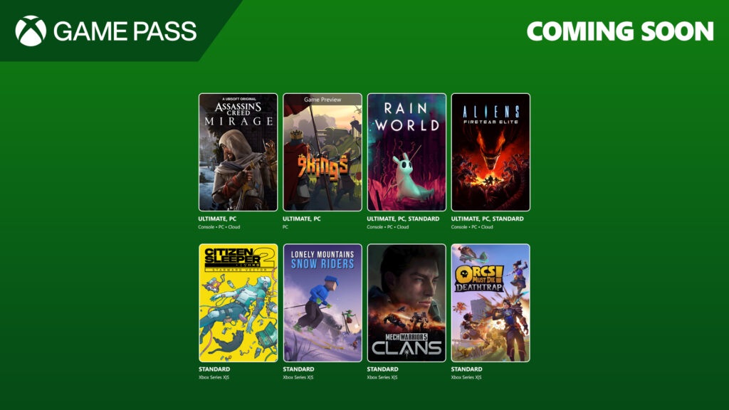 Games coming to Xbox Game Pass, including Assassin&#039;s Creed Mirage, Rain World, and Aliens: Fireteam Elite