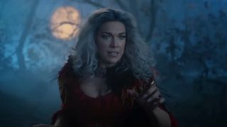 Hannah Waddingham makes a grand speech in the woods in Hocus Pocus 2.