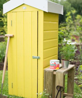 small shed painted in golden thorndown paints wood paint