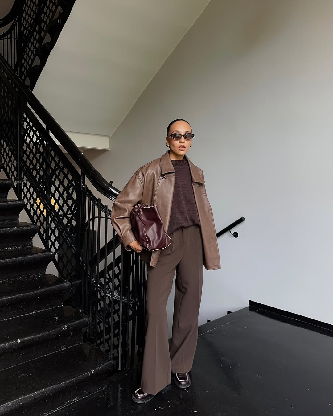 Ingrid in all brown tonal outfit